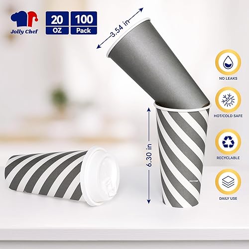 Miniatura 13 de JOLLY CHEF 100 Pack 12 oz Paper Coffee Cups, Disposable Printed Hot Cups with Lids for Home, Business, Restaurant and Cafe (Stripes and Grey)