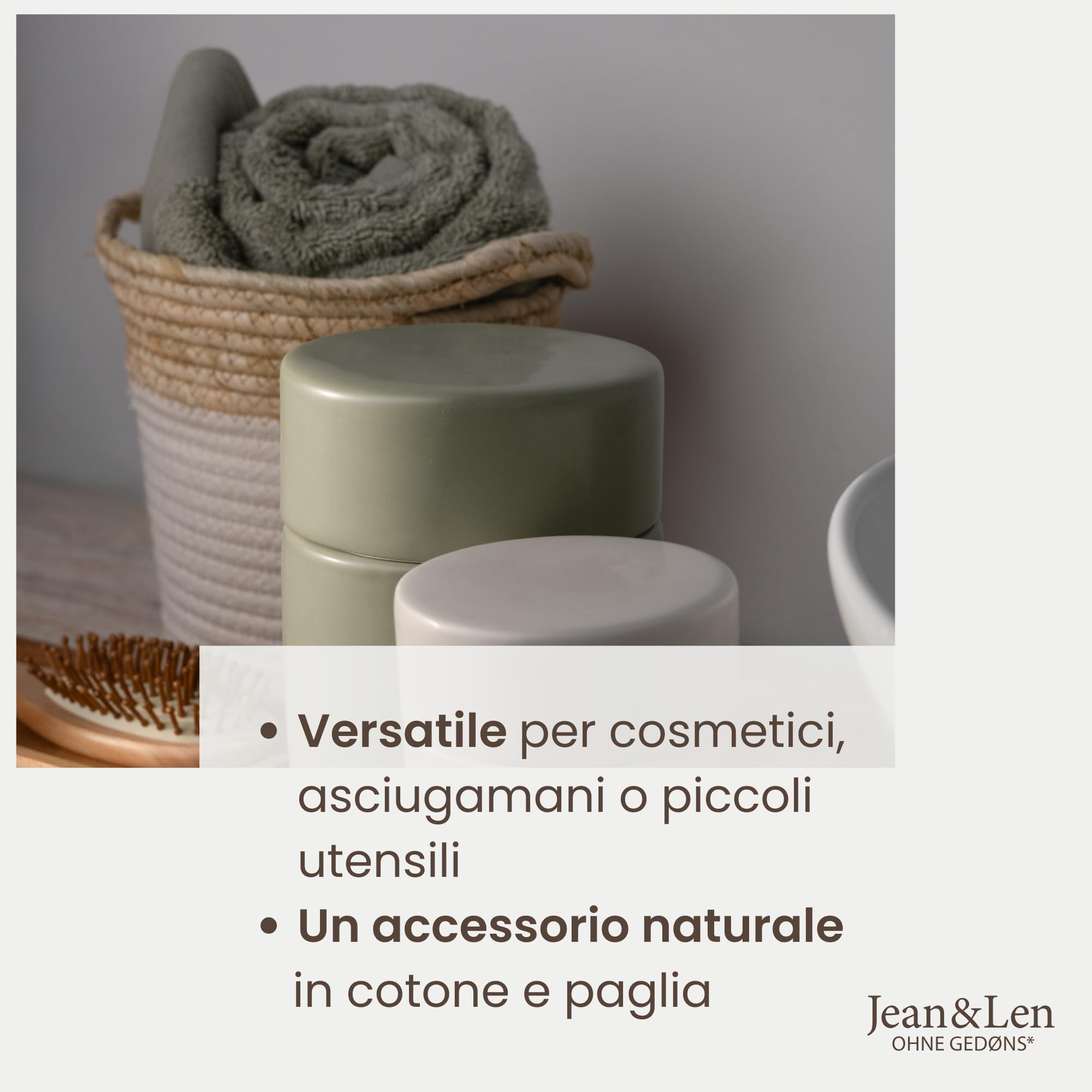 Jean & Len cesto portaoggetti, rotondo, in cotone e paglia, versatile per asciugamani, cosmetici e piccoli accessori, soluzione di conservazione decorativa e duratura, 17 x 17 cm