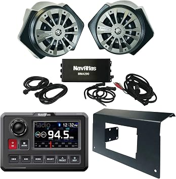 NavAtlas Digital Media AM/FM Radio Bluetooth USB Waterproof Powersports Receiver Bundle Combo with 6.5" Powered Speaker System w/Amplifier, Dash Kit Compatible with 2016-2020 Polaris RZR Turbo