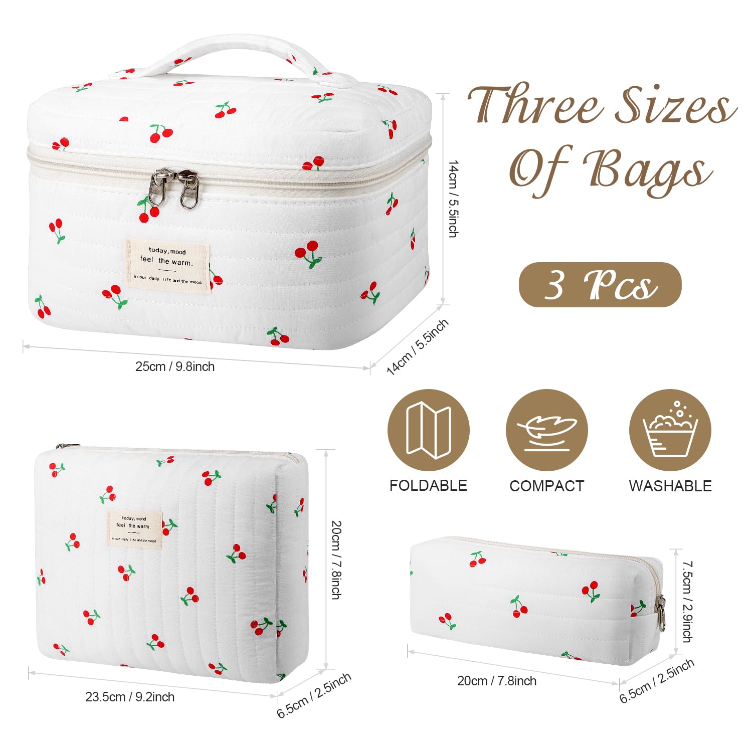 Givurao Bolsa de maquillaje acolchada de viaje grande para mujer, bolsa de cosméticos de algodón floral, bolsa organizadora de artículos de tocador estéticos florales, Cereza dulce, grande, 3 unidades