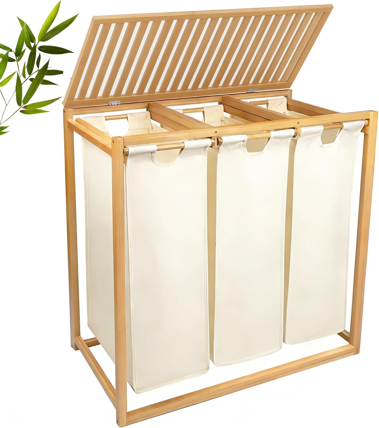 Bamboo Laundry Hamper 3 Section with Lid, 150L Laundry Sorter with Pull-Out Removable Washable Bags, 3 × 12.5 Gal Divided Laundry Baskets for Laundry Room, Bathroom (Beige)