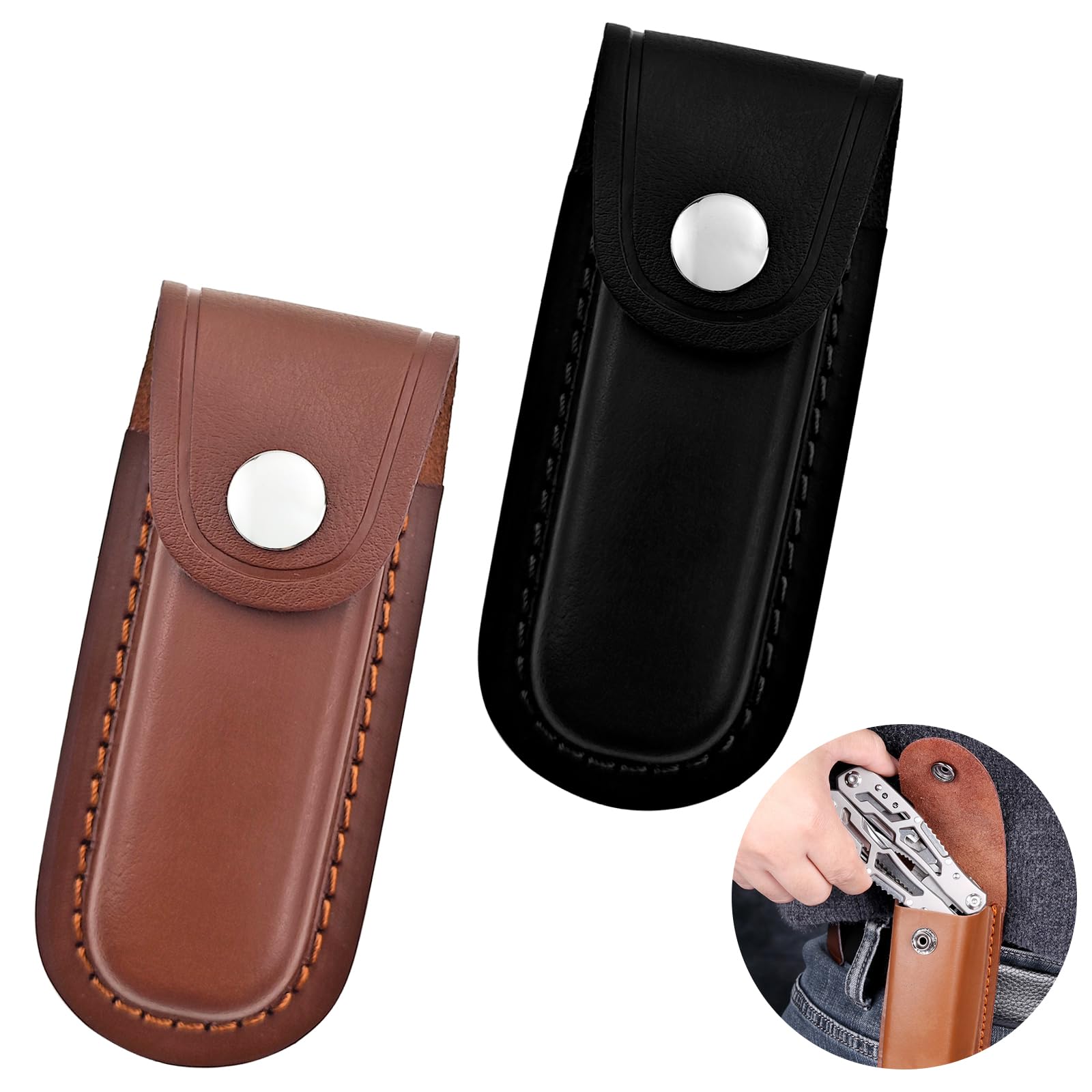 2 Pack Pocket Knife Sheath, Multitool Sheath, Leather Knife Sheath Holster with Belt Loop, Snap Fastener Hunt Holder Pocket for Travel Multi Tool Case