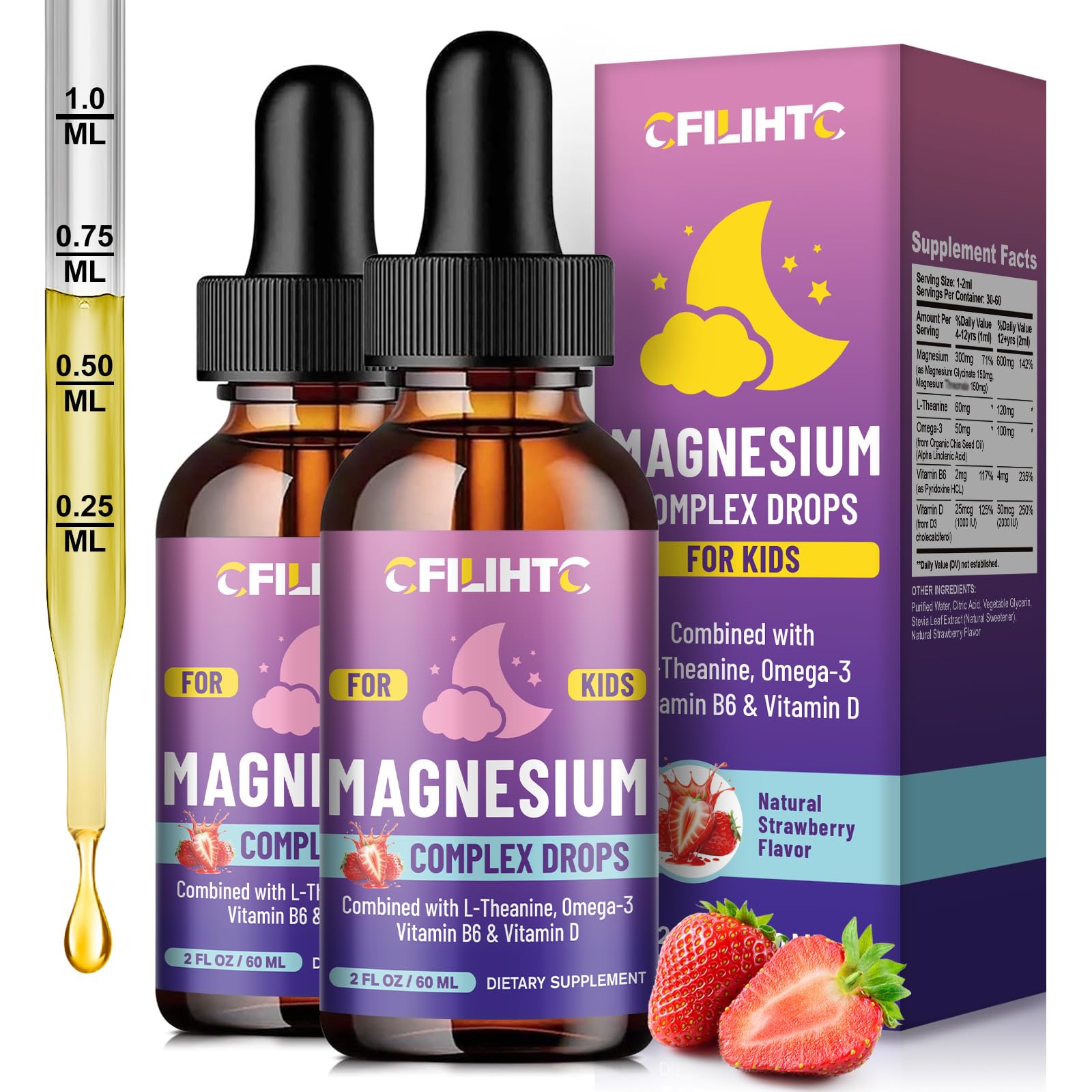 Kids Magnesium Liquid Drops-Magnesium Glycinate Liquid for Kids Supplement-w/L-theanine, Omega-3, Vitamin B6, D3 - for Sleep, Relaxation, Brain, Bones - 4 Fl Oz Children's Calm Strawberry 2 Fl Oz (Pack of 2)