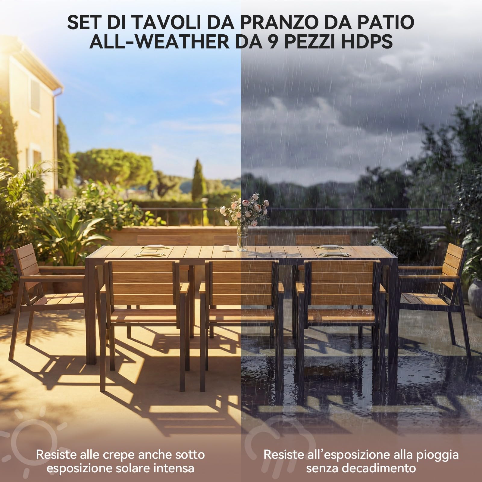 Devoko HDPS Set Tavolo e Sedie da Giardino 9 Pezzi Alluminio Finitura Vena di Legno 189 cm Naturale