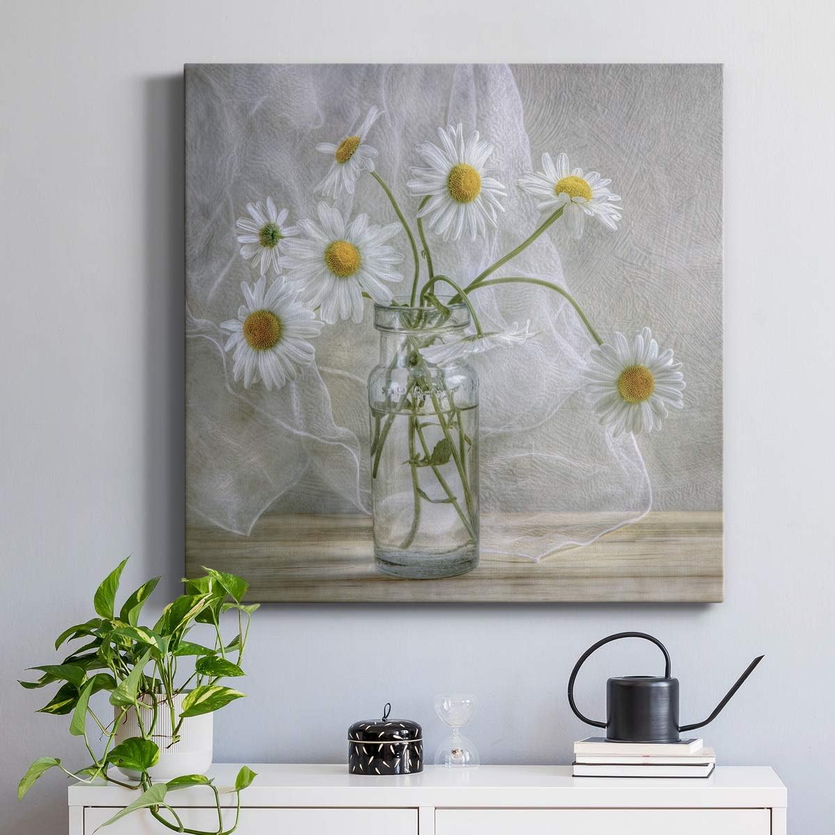 Renditions Gallery Daisies Wall Art, Premium Gallery Wrapped Canvas White Flower in Bottle Wall Decor, Ready to Hang, 24 in H x 24 in W, Made in America Print