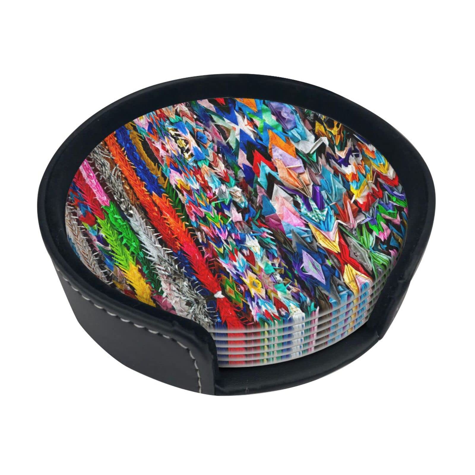 Coasters Set Of 6 Origami Multicolor Papercraft Cranes Print Leather Coasters For Drinks,Home Décor And Housewarming Gift