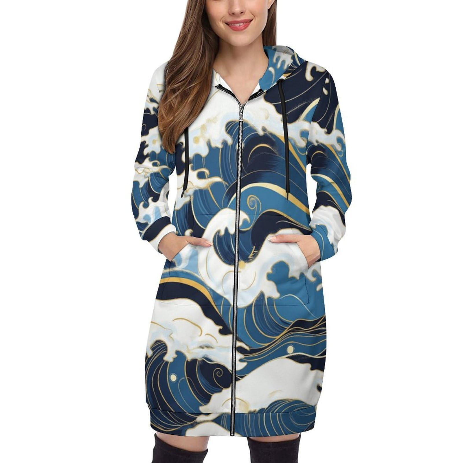 Felpa Donna con Zip Felpe Sportiva con Tasche E Cappuccio Motivo A Onde Morbida Invernale Giacca Regolabile Confortevole per Uso Quotidiano Casual