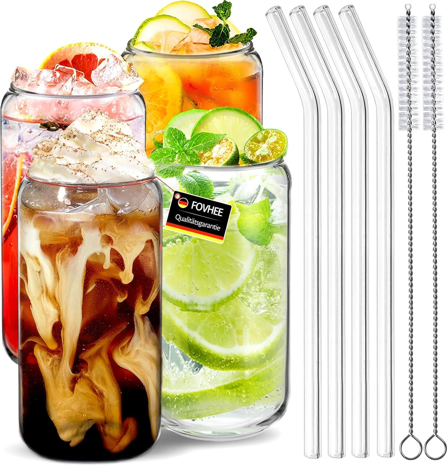 Bicchiere in con cannuccia e coperchio, 500 ml, barattolo con fiocco, per caffè freddo, cocktail, tè Matcha, acqua potabile, bar, casa, cucina, ragazze