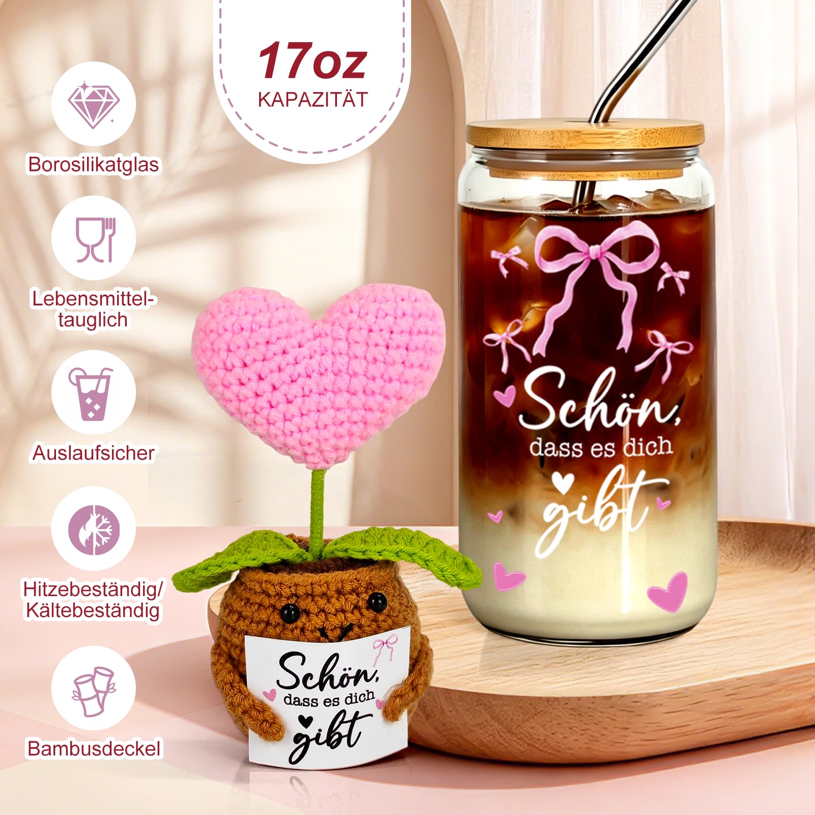 Geschenke für Frauen, Geburtstagsgeschenk für Frauen Freundinnen Schwestern Damen Beste Freundin, Schön dass es dich gibt Geschenke, mit Gehäkelte Glücksbringer
