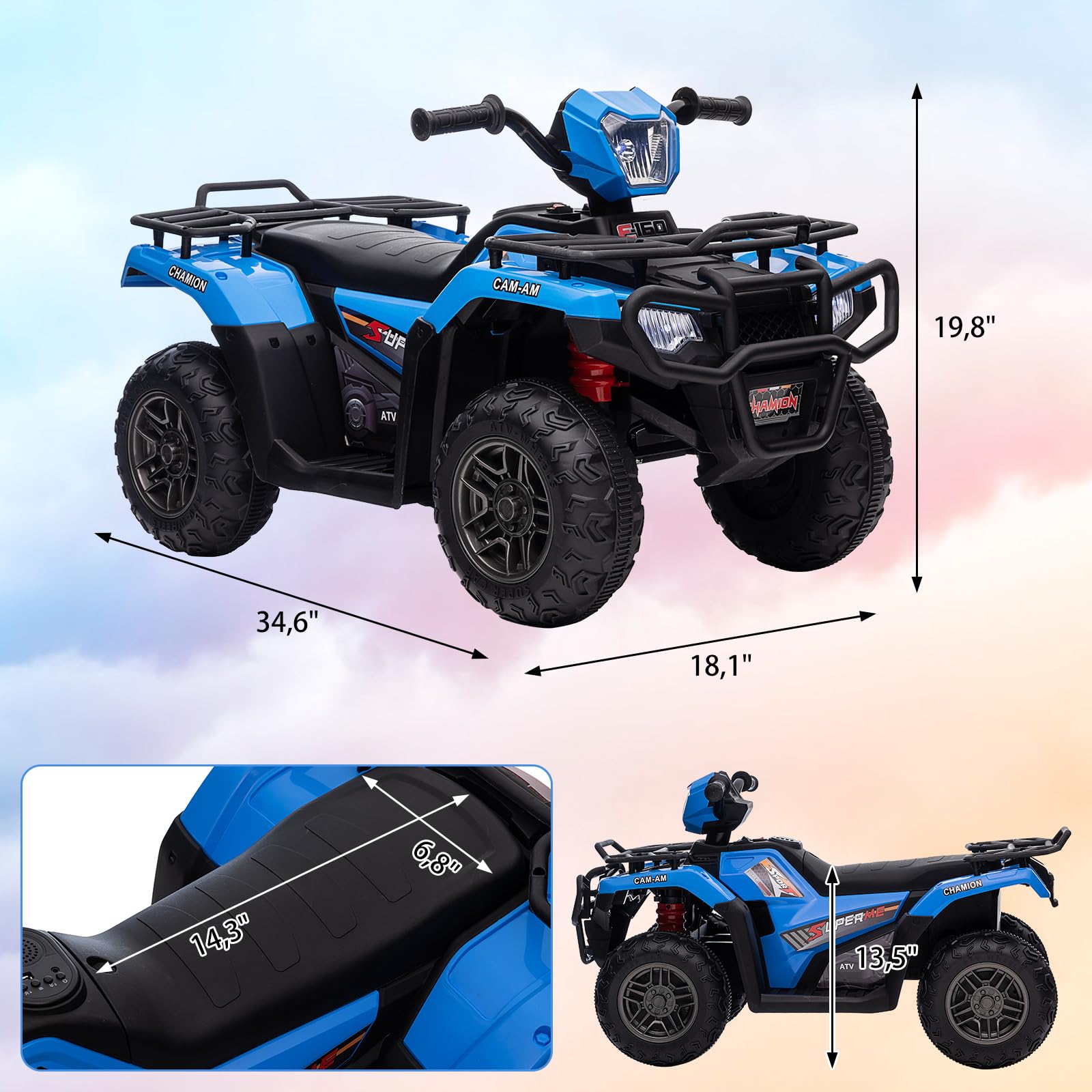 IDEALHOUSE Quad électrique enfant 12V tout-terrain – Vitesse réglable sécurisée – Marche avant/arrière – Phares LED, musique, USB – Télécommande parentale – Idéal cadeau garçon/fille 3-8 ans – Couleur