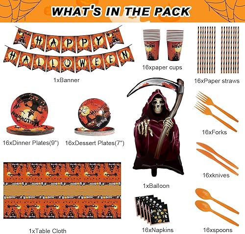 Miniatura 4 de AIBIIN Suministros de fiesta de Halloween, platos de papel desechables de Halloween, tazas, toallas, cuchillos de plástico, tenedores, cucharas,