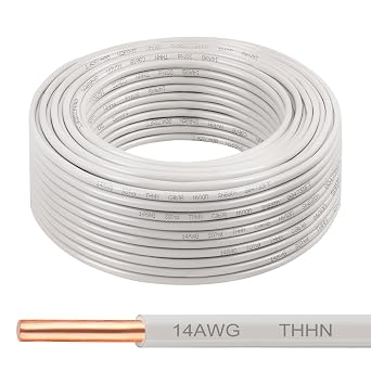 THHN Wire 14 Gauge 100 FT, 14 AWG Solid OFC Copper Electrical Building Wire with Nylon Jacket PVC Insulation, Rated 600V for Residential, Industrial, CNC, Ground 14 Gauge, White