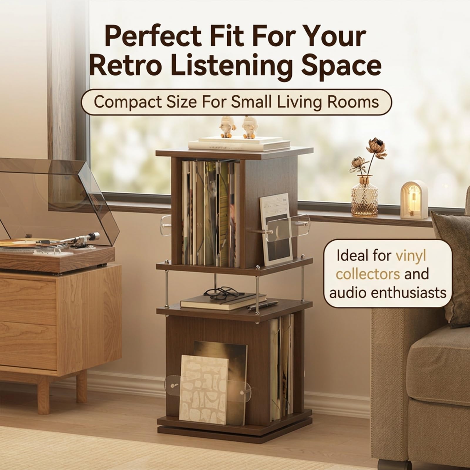 Portadischi vinile rotante 3 livelli in legno, mobile giradischi. | Mobile porta CD e cassette, rack audio con tubi in acciaio rinforzati per casa.(White)