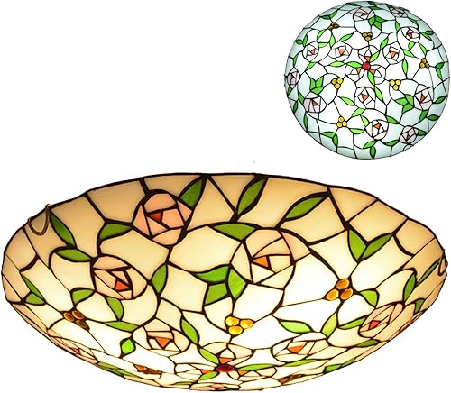 Miniatura 1 de BAJEKO Lámpara de techo Tiffany regulable de 12 pulgadas 2 luces estilo pastoral hojas verdes flores rosas vitrales para cocina isla pasillo