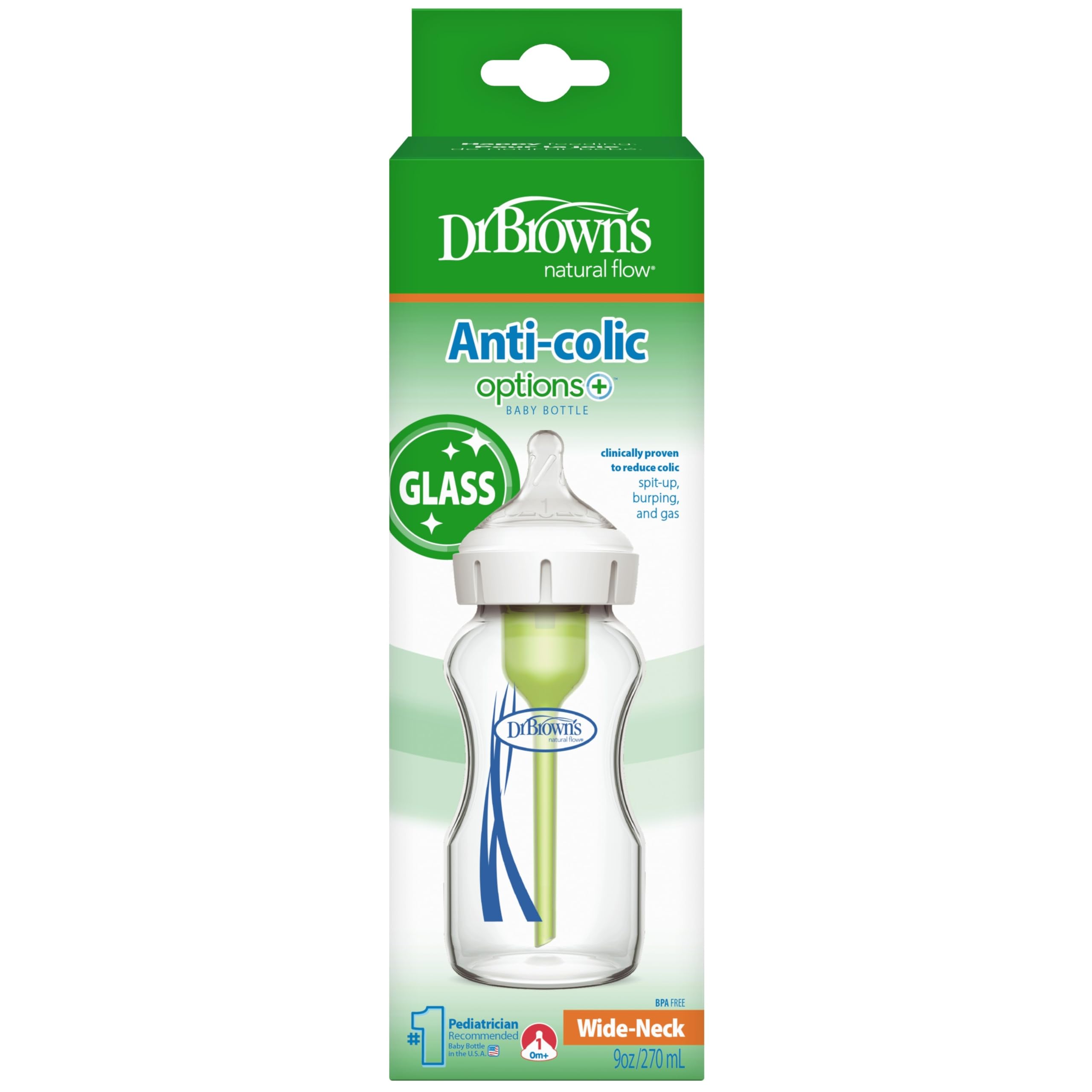 Dr. Brown's Natural Flow Options+ Biberon anti-coliche a collo largo, in vetro, verde, 270 ml