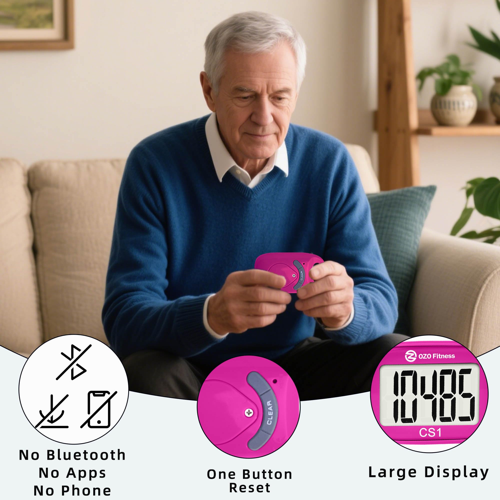 CS1 Easy Schrittzähler zum Gehen – Schrittzähler mit großem Display, Clip auf und Schlüsselband (Rosa)