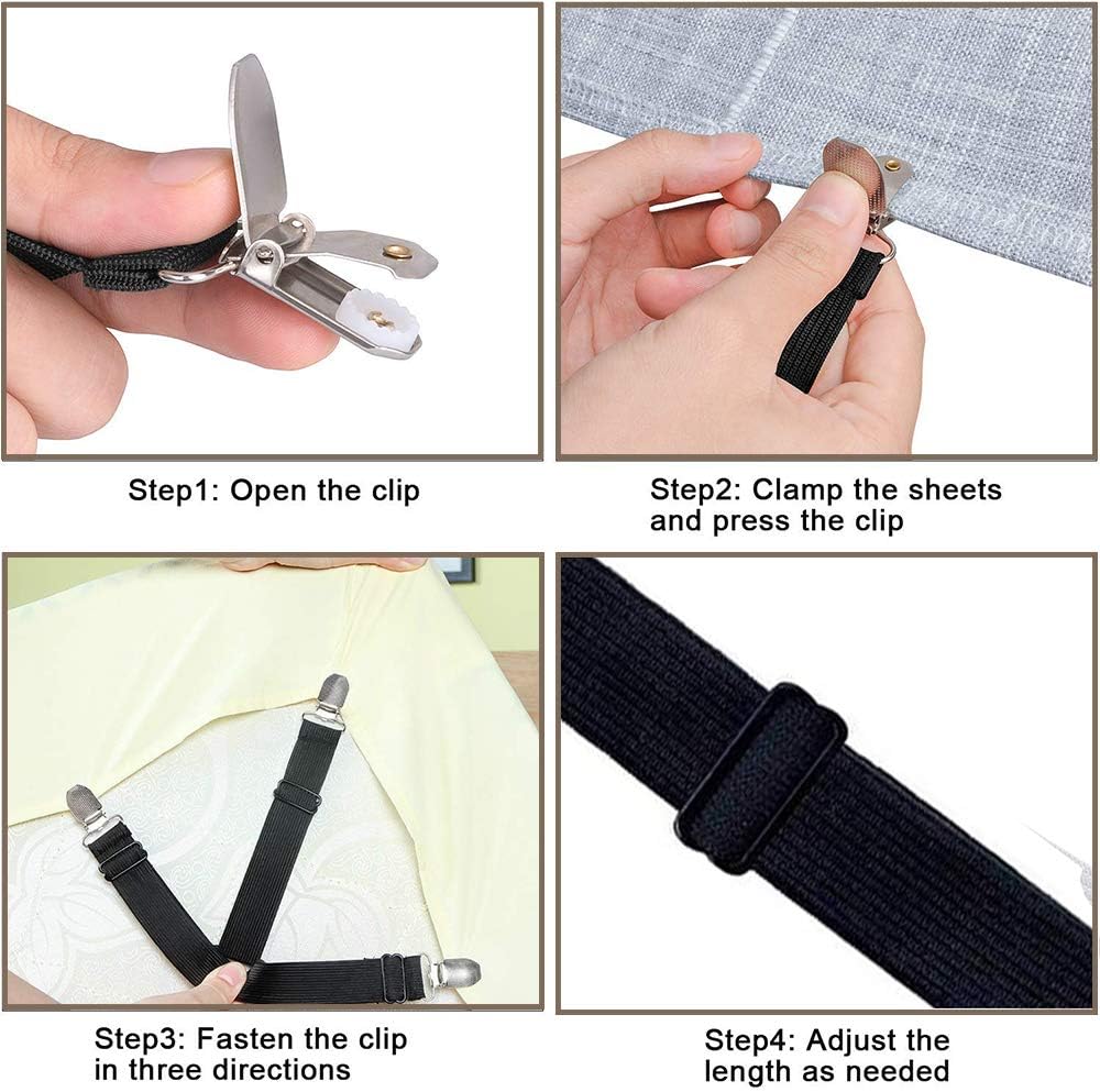 GQC Bed Sheet Holder Strap, 2-Set Triangle Sheet Fastener Adjustable Elastic Sheet Clip Suspender Clamp Gripper for Bed Sheets, Mattress Covers, Sofa Cushion (8 Pack-Short) (Black+White)…