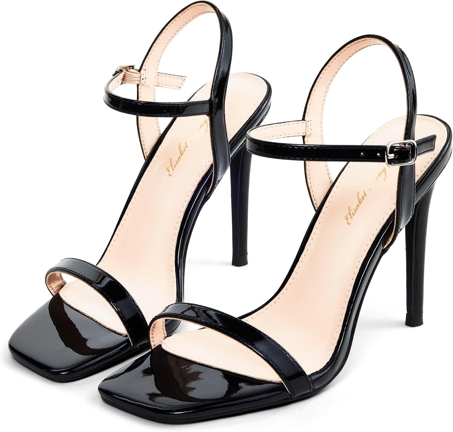 Elisabet Tang Women's High Heeled Sandals 4 Inch Strappy Sling Back Stiletto Open Square Toe Heels with Ankle Straps at Wedding Party Prom Work Dating