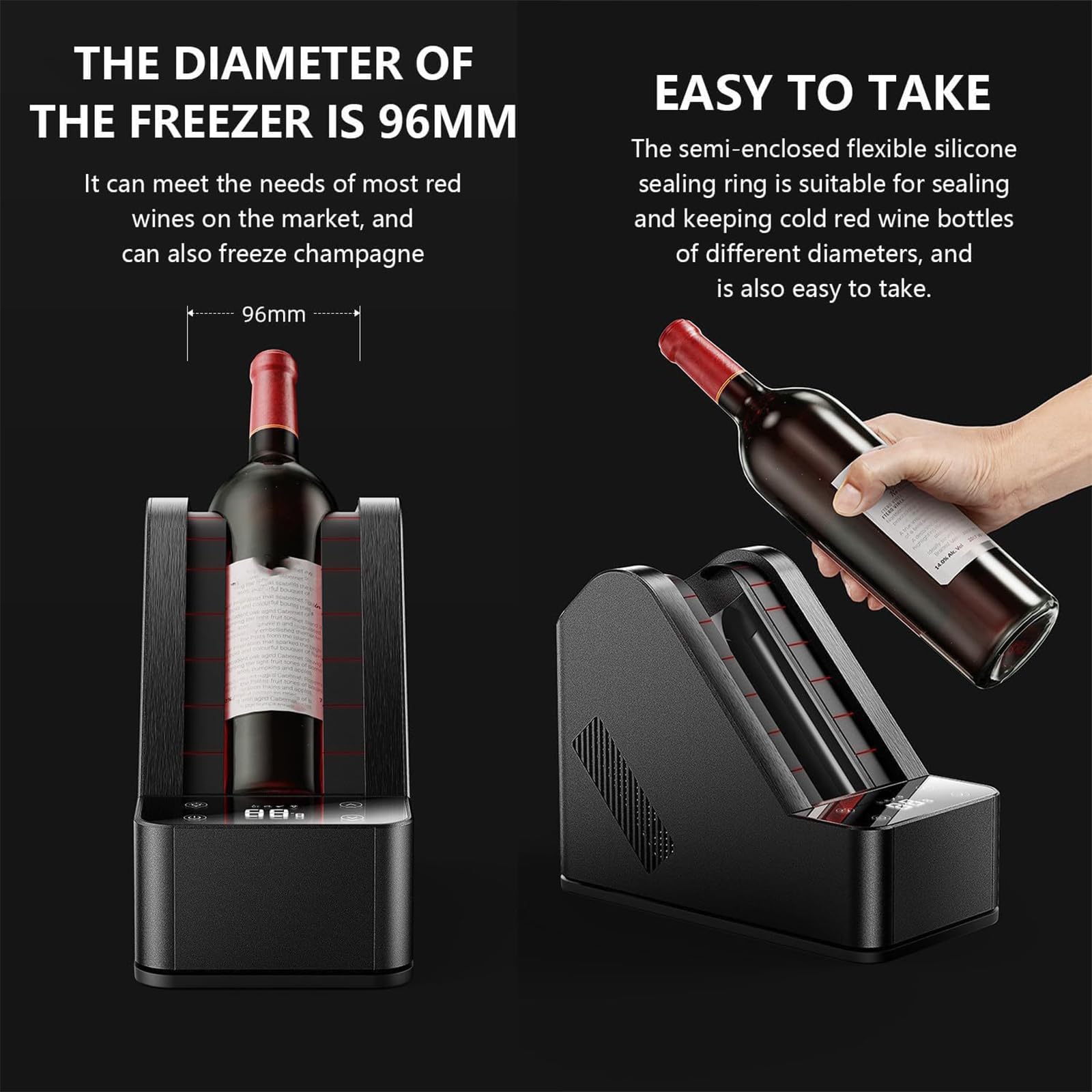 Enfriador de vino eléctrico portátil, control de temperatura de 5 a 20 °C, se adapta a botellas de 750 ml de hasta 96 mm, control táctil y pantalla LCD para el hogar, restaurante y hotel