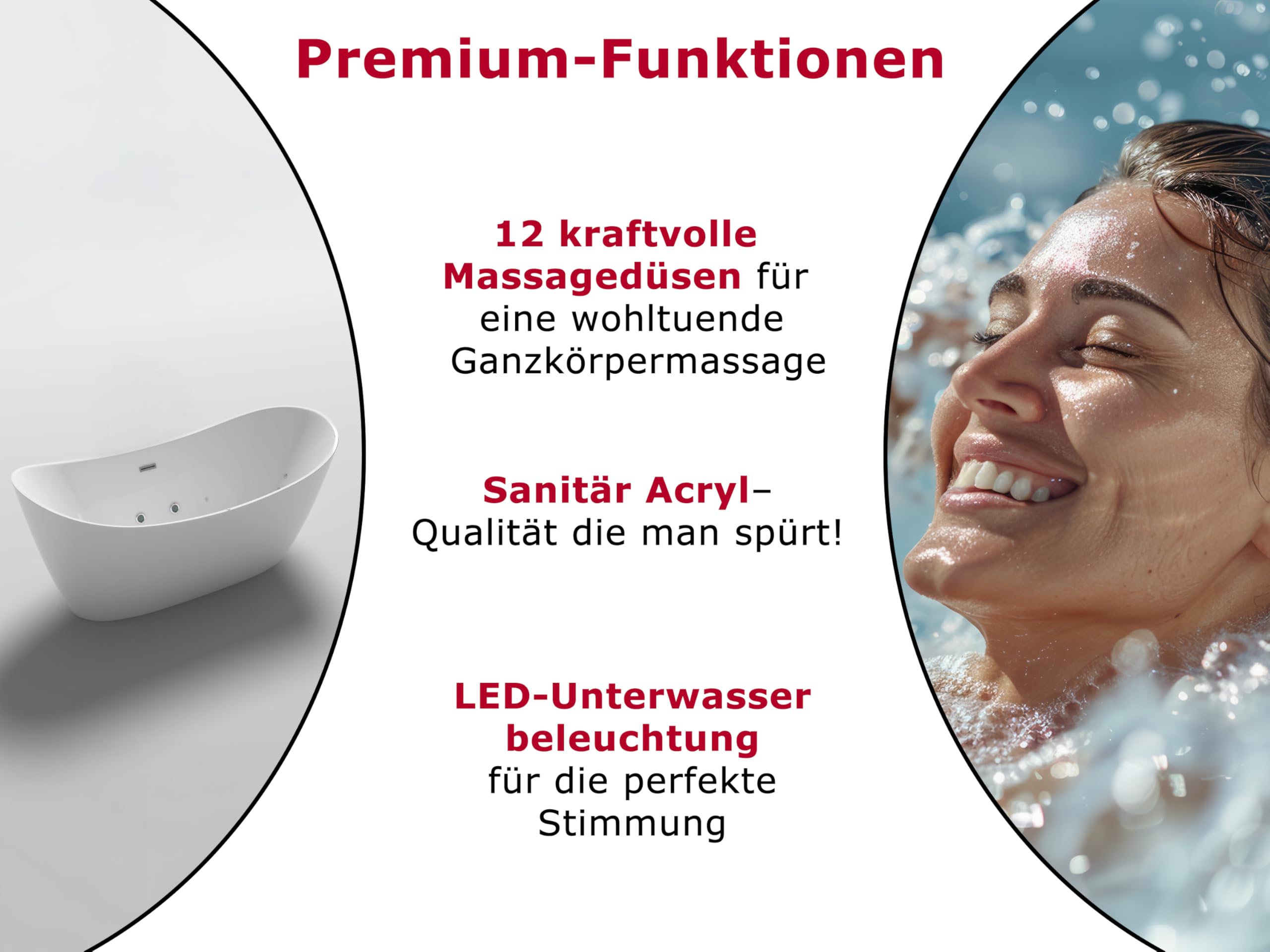 Freistehende Luxus Whirlpool Badewanne Oslo – 180x90 cm – 12 Massage-Düsen, LED-Farblichttherapie, freistehend für 2 Personen, Hot Tub Spa Indoor – Ohne Armatur