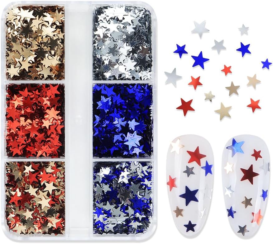 6 Grids 4th of July Nail Art Glitter Sequin Independence Day Mixed 3D Holographic Nail Sequins Red Blue Silver Mixed Star Nail Art Flakes Supplies for DIY Nail Eye Face Body Nail Decoration