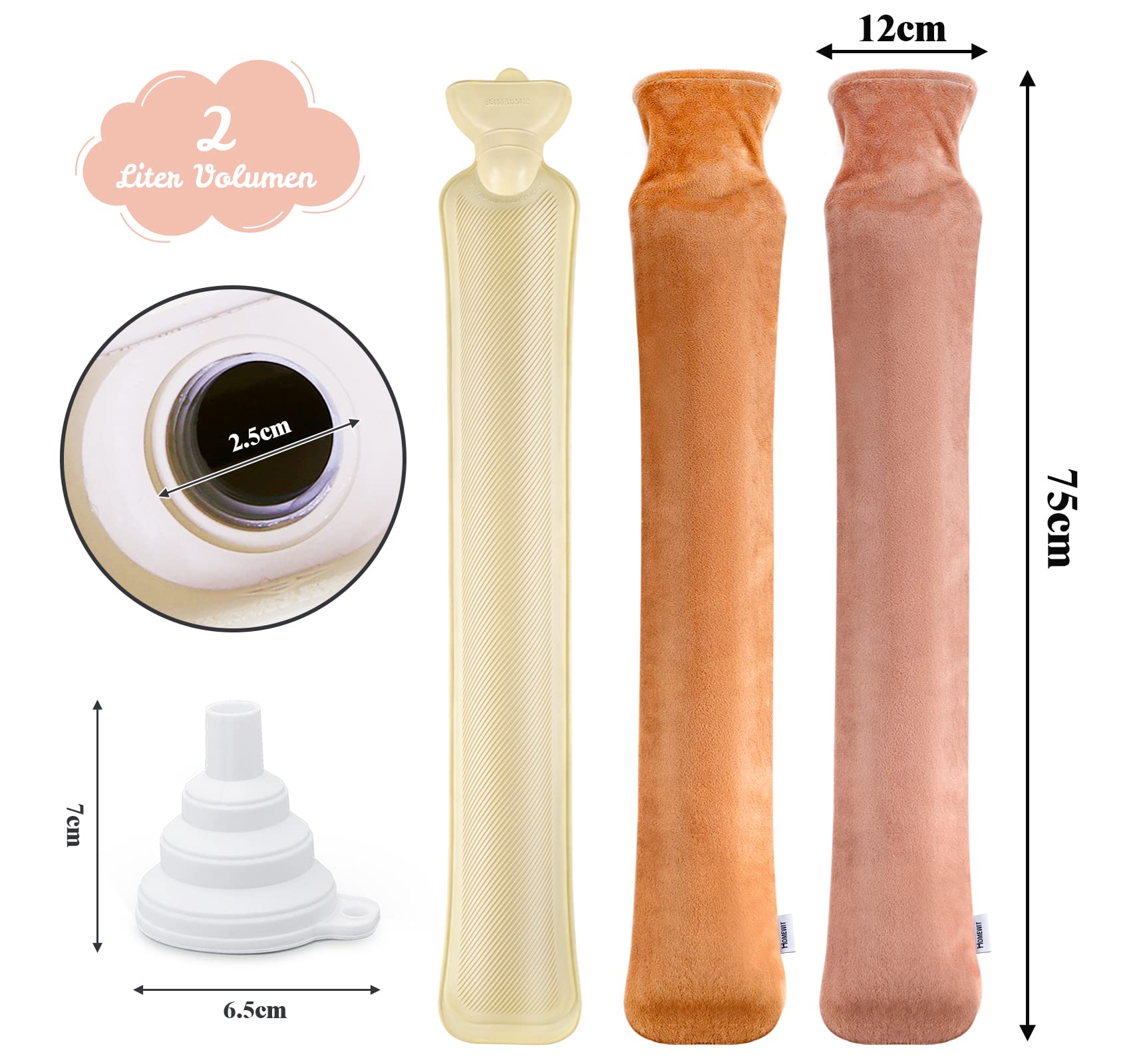 Bouillotte longue avec housse douce avec 2 housses super douces - Grande capacité de 2 litres - 73 x 13 cm - Bouillotte tubulaire pour épaules, cou