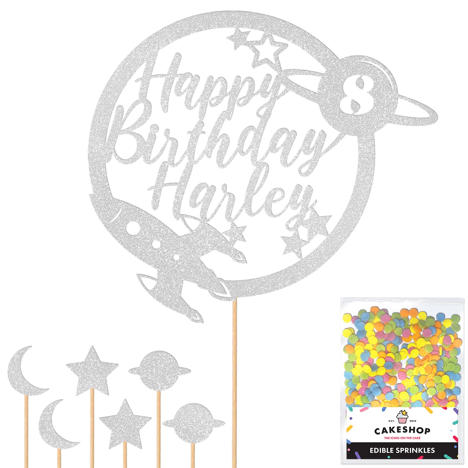 Personalised Space Rocket Planet Glitter Cake Topper Silver Any Custom Age & Name Glitter Cake Decoration and Sprinkles - Happy Birthday Decorations - Personalised Toppers for Cakes by Cakeshop — image 1