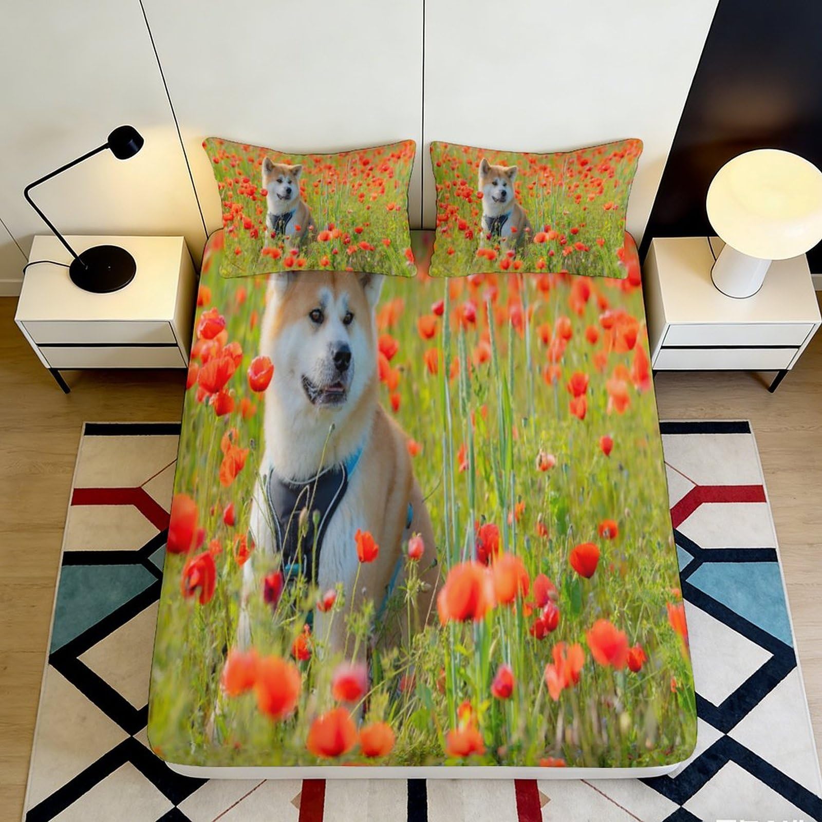 3D Printed Countryside Dog Pattern Fitted Sheet Microfiber Deep Pocket Bedding Set Countryside Dog Mattress Fitted Cover Non-Slip Washable 200x200x25cm