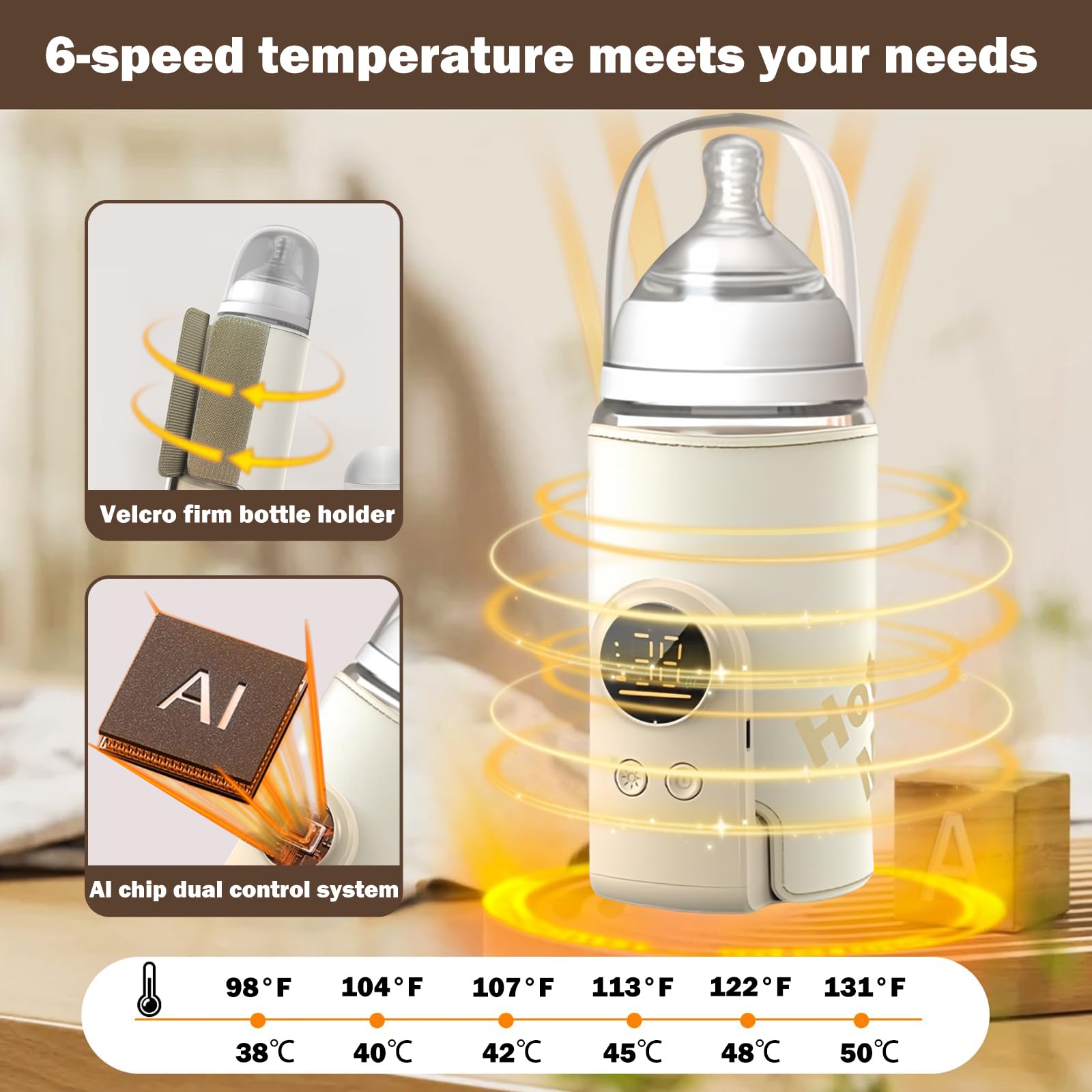 Flaschenwärmer Baby, Tragbarer Flaschenwärmer, Unterwegs mit LCD-Display USB-Ladung Babyflaschenwärmer 6 Einstellbare Temperatur 38-50℃ Muttermilchwärmer Tasche für Unterwegs und Zuhause (Beige)