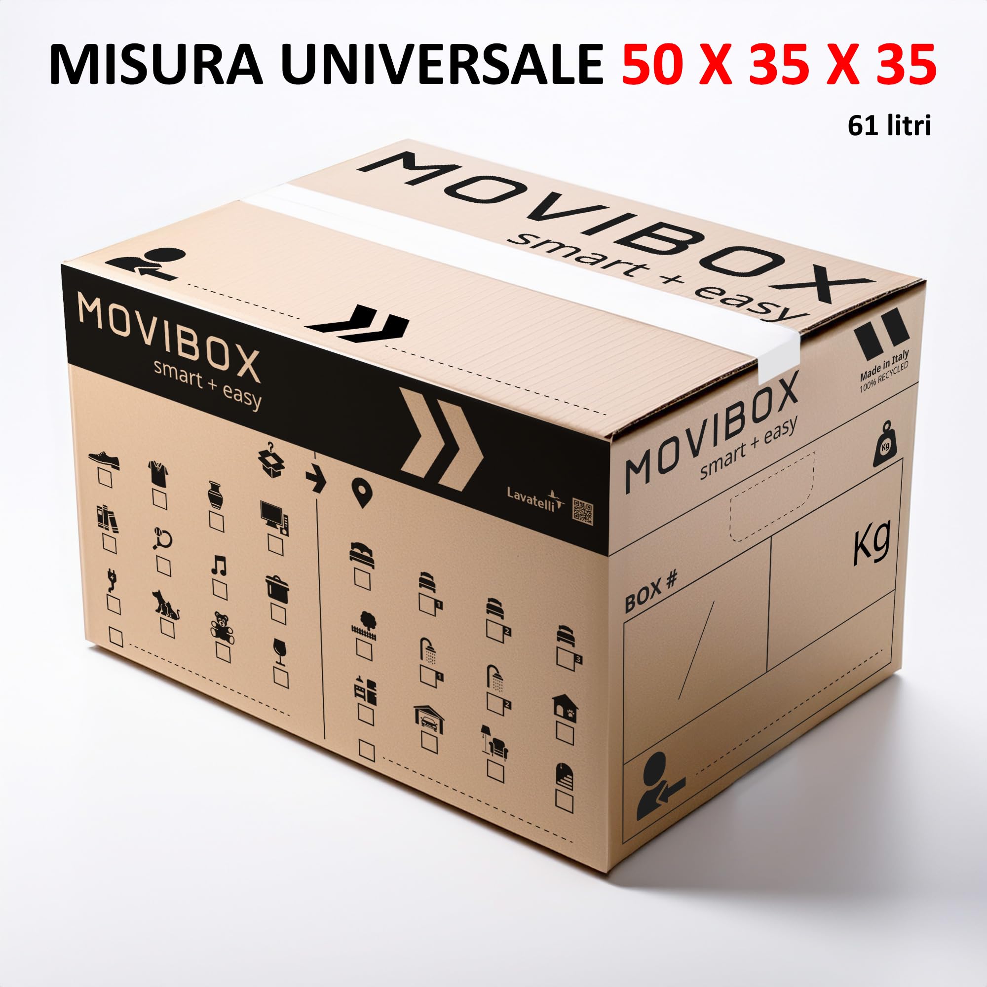 Lavatelli MOVIBOX – 20 Scatole per Trasloco 50x35x35 cm misura universale – Doppia Onda robusta – Con Simboli Contenuto e Stanza destinazione, Maniglie Pre-Tagliate – Scatole di Cartone, Made in Italy