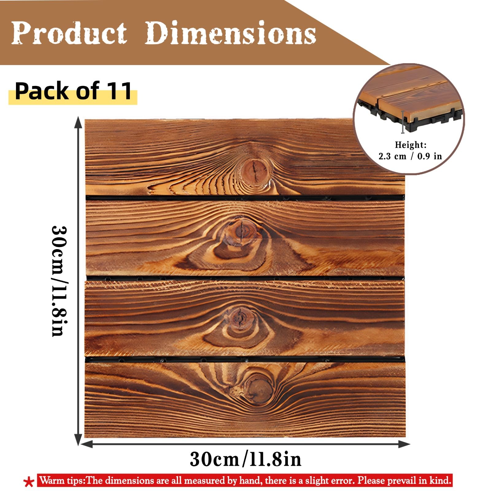 Dalles de Terrasse Emboîtables, Caillebotis Bois Exterieur Dur Résistantes, Planches de Terrasse pour Patio, Balcon, Arrière-Cour et Bord de Piscine, 30x30x2.3cm(Size:11 pcs,Color:A)