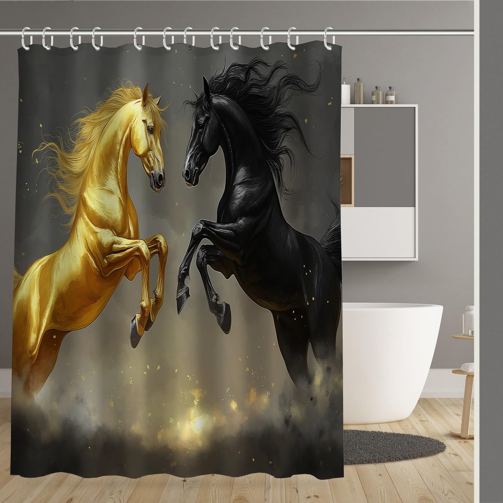 Rideau de douche premium lavable en machine avec ourlet lesté motif cheval or noir