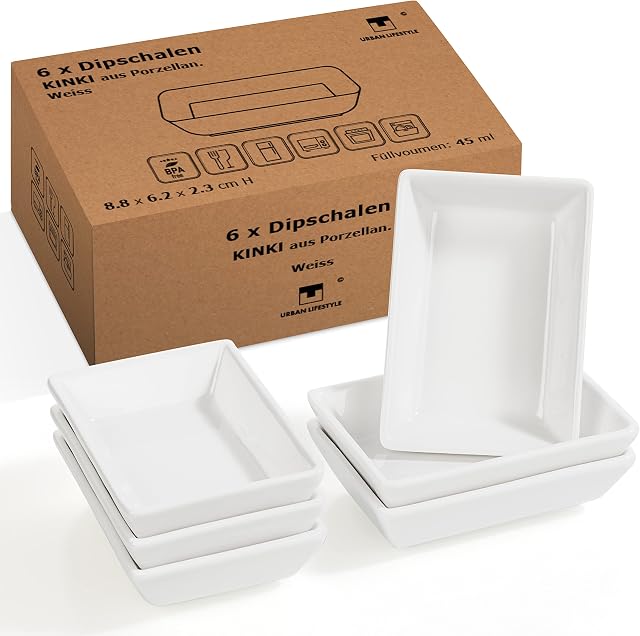 Urban Lifestyle 6 x prostokątna miseczka na sos/miska do dipów, zestaw z porcelany Kinki (8,8 x 6,2 x 2,3 cm)