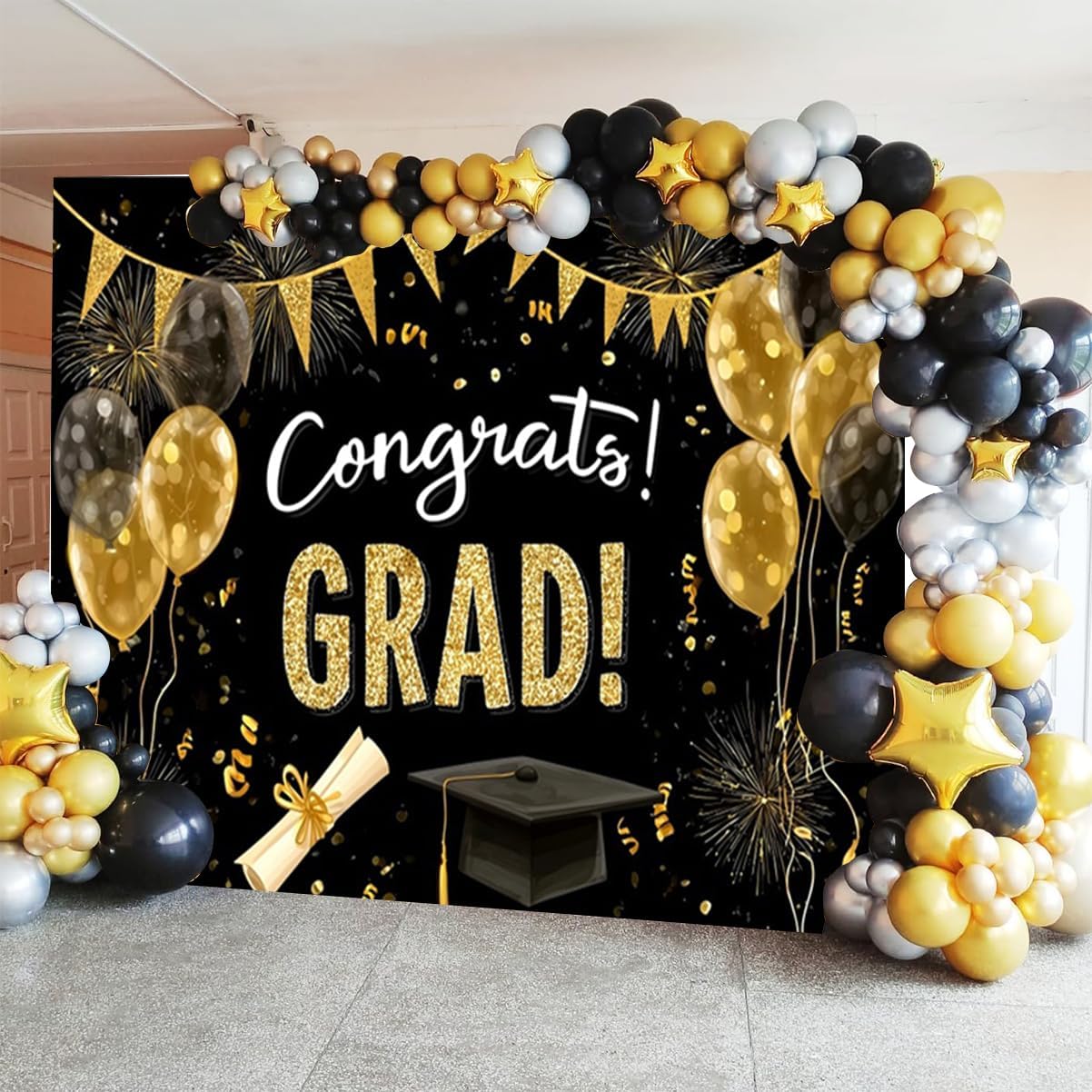 10x10ft Congrats Grad Backdrop Black and Gold Glitter Class of 2026 Graduation Photo Backdrops for Photoshoot Golden Balloon Fireworks Photography Background for College Graduation Decorations 2026