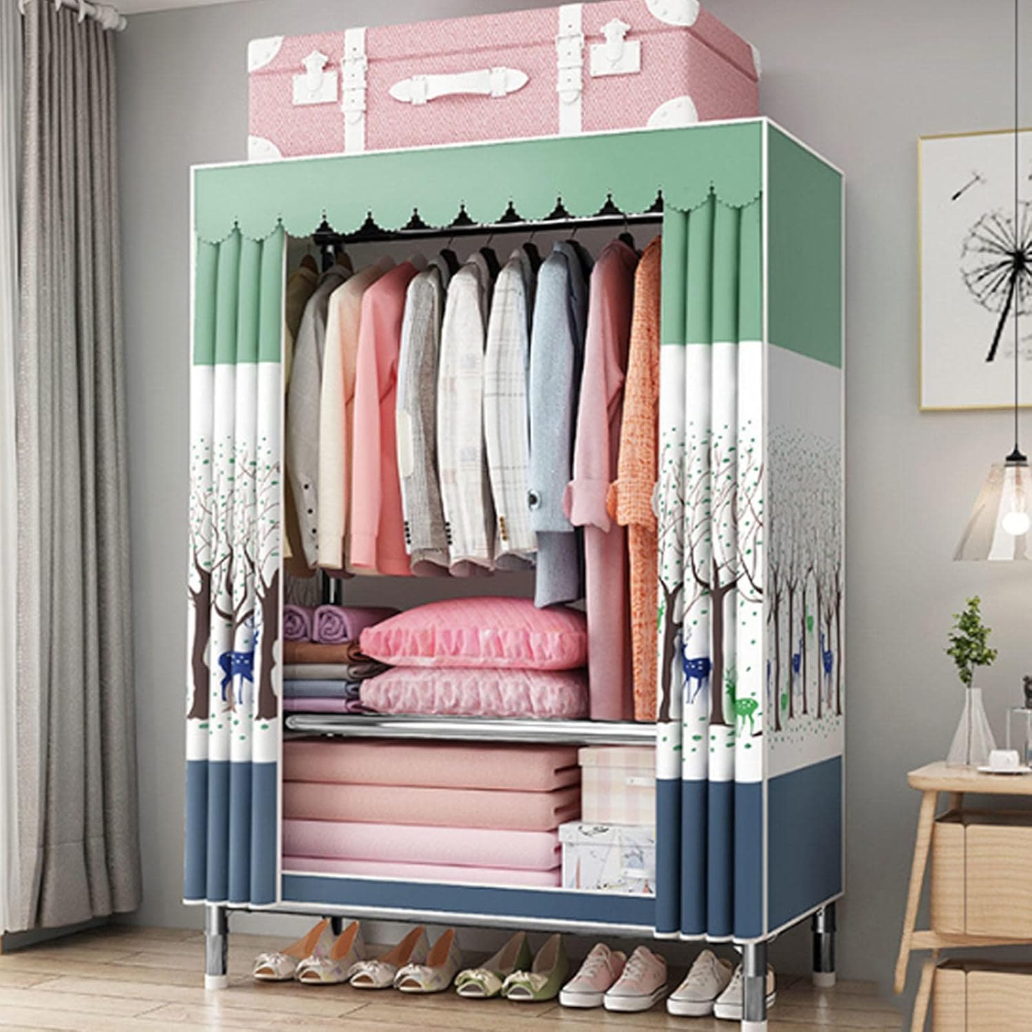 Wardrobe, Portable Fabric Canvas Wardrobe, Foldable Clothes Closet Storage Organizer with Hanging Rail, Shelves,A-86X46X175CM