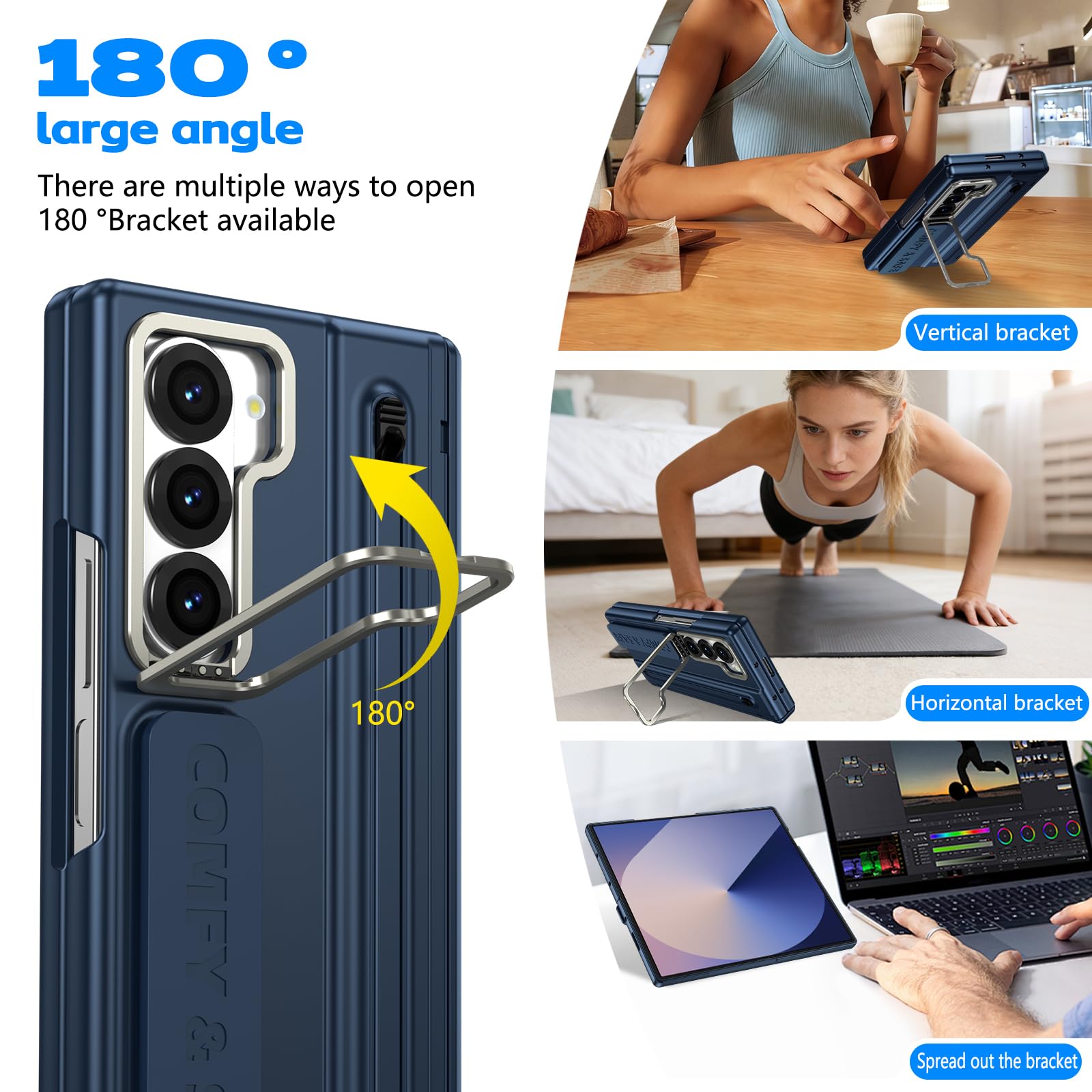 Etui do Galaxy Z Fold 6 z paskiem na palec, ochroną zawiasów, wbudowanym uchwytem na długopis i rysikiem, podpórka do Samsung Galaxy Z Fold6 z osłoną ekranu - ciemnoniebieskie