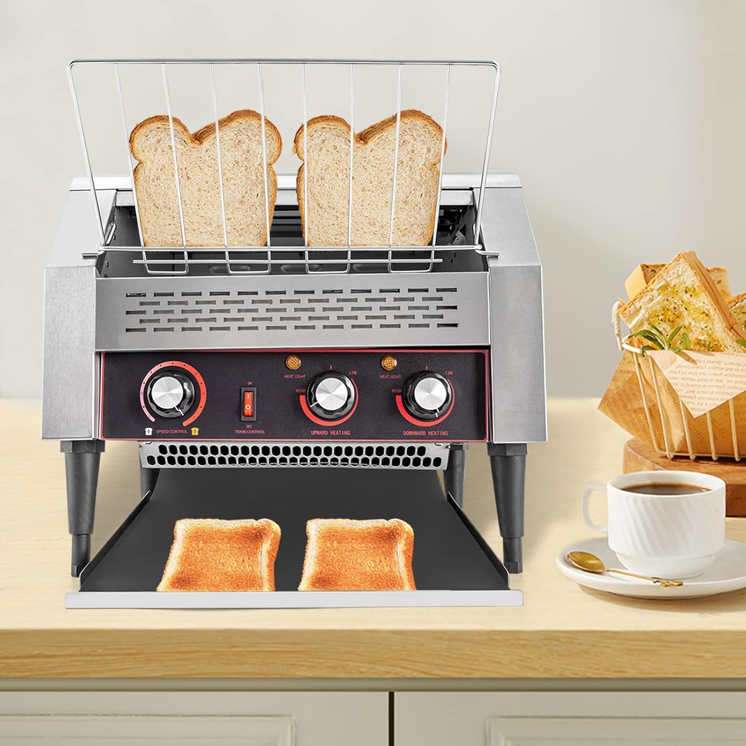 Commercial Toaster Conveyor 450 Slices/Hour, 2600W Stainless Steel Heavy Duty Commercial Toaster Conveyor for Restaurant with Three-ring Heating Tubes for Bun Bagel Bread Baked