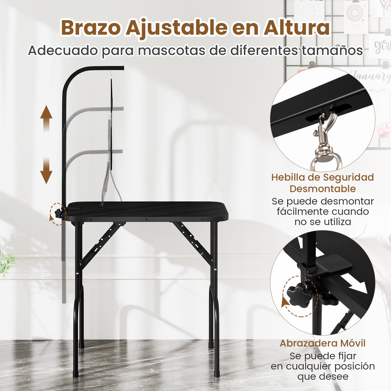 COSTWAY Mesa de Aseo para Mascotas, Mesa Plegable con Brazo Ajustable en Altura y Lazo, Superficie Antideslizante e Impermeable, Ideal para Perros y Gatos Pequeños y Medianos, Negro