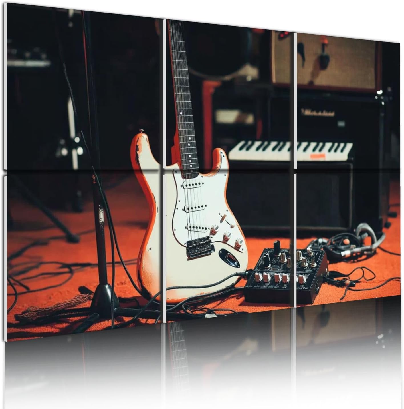 Art Acoustic Panels A white electric guitar red amplifier onstage electrical cables foot 6 Pack Decorative Sound Absorbing Wall Panels 72x48" Noise Canceling Soundproof Padding Room Decor for Office