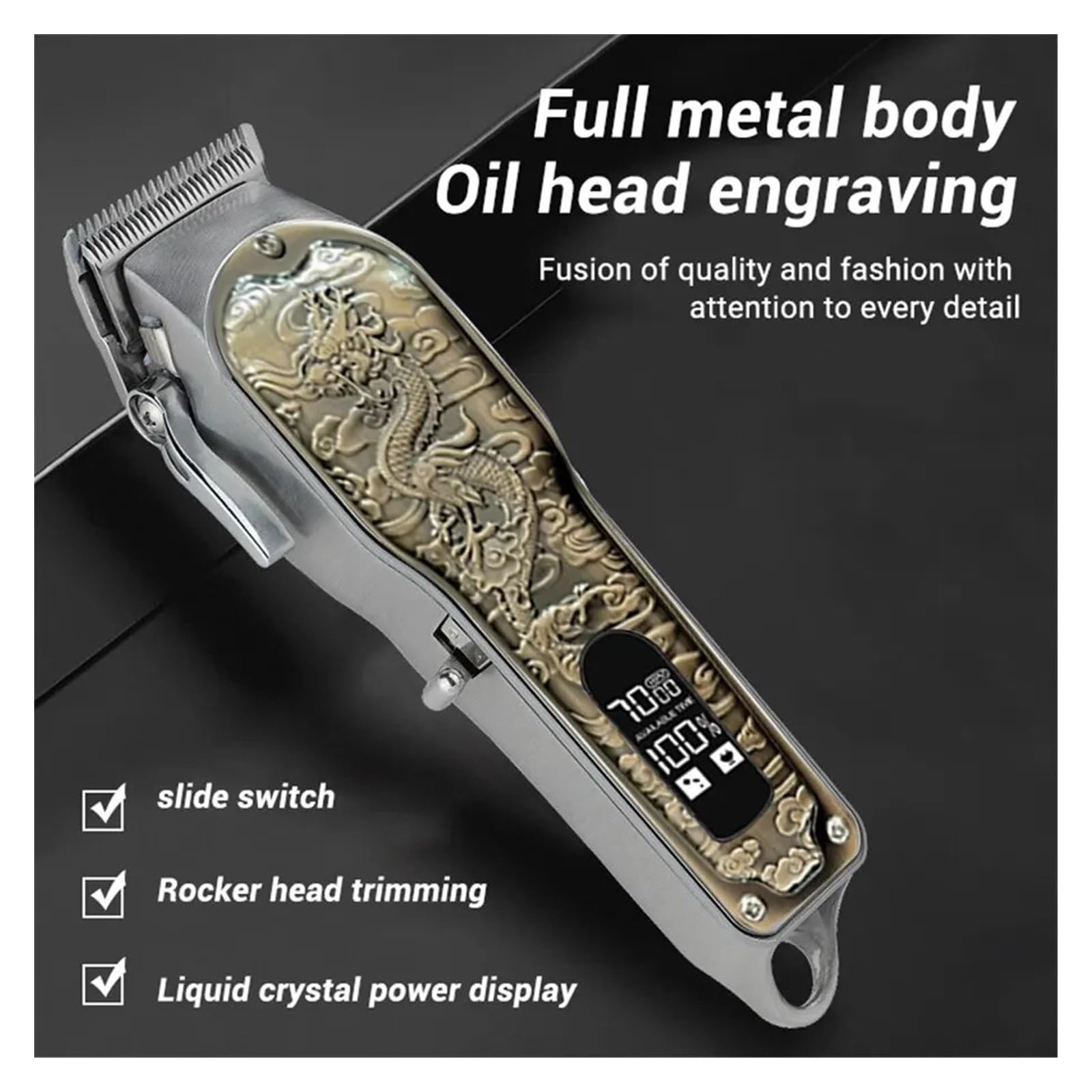 Rasoio professionale per capelli da uomo, con display digitale, ricaricabile tramite USB, tagliacapelli elettrico, rasoio da barba (bronzo dragon)