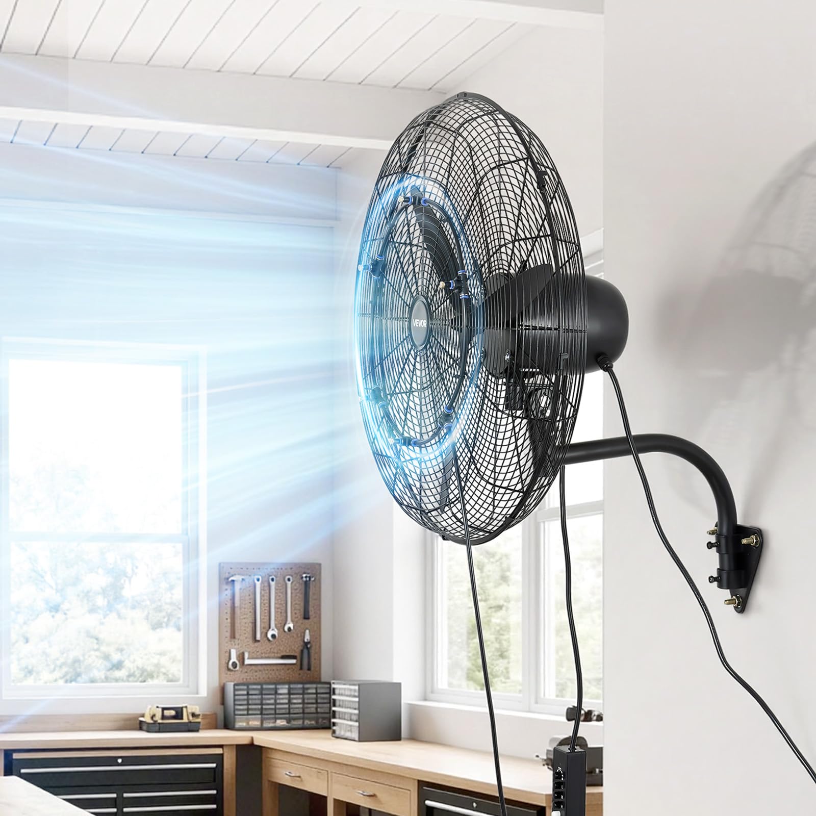VEVOR Ventilador de Pared con 3 Velocidades, Nebulización, Motor de Cobre, IP44, Ángulo Ajustable, Ventilador Industrial Oscilante de Acero al Carbono para Exterior, Taller, Invernadero, Ganadería