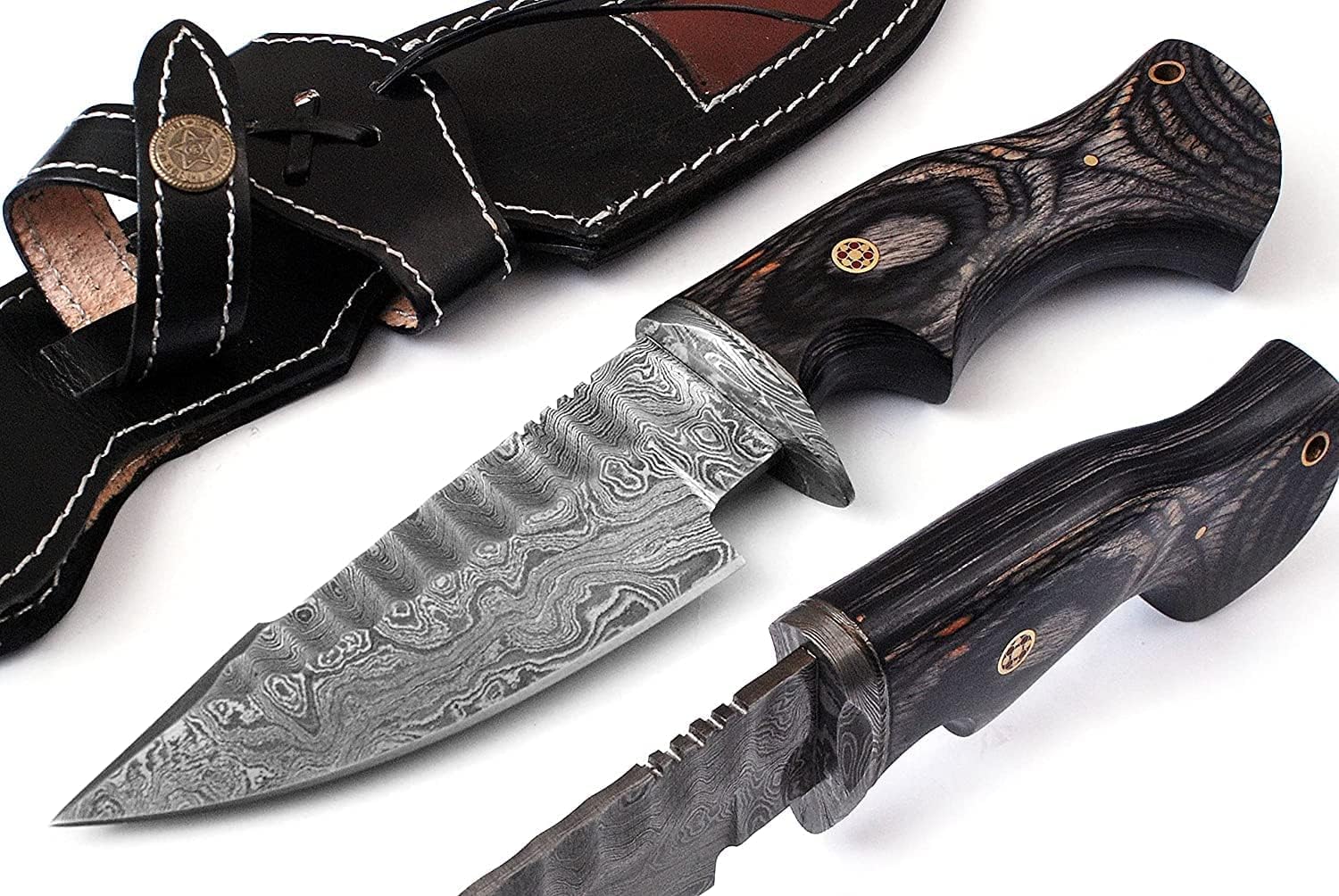 Damascus Hunting Knifes - Beautiful Handmade Rose wood Handle 10-Inch Fixed Blade Knife's with Leather Sheath | Ideal for Hunting, Outdoor Camping, and Survival Bushcraft Knifes. (VK-HK-03)