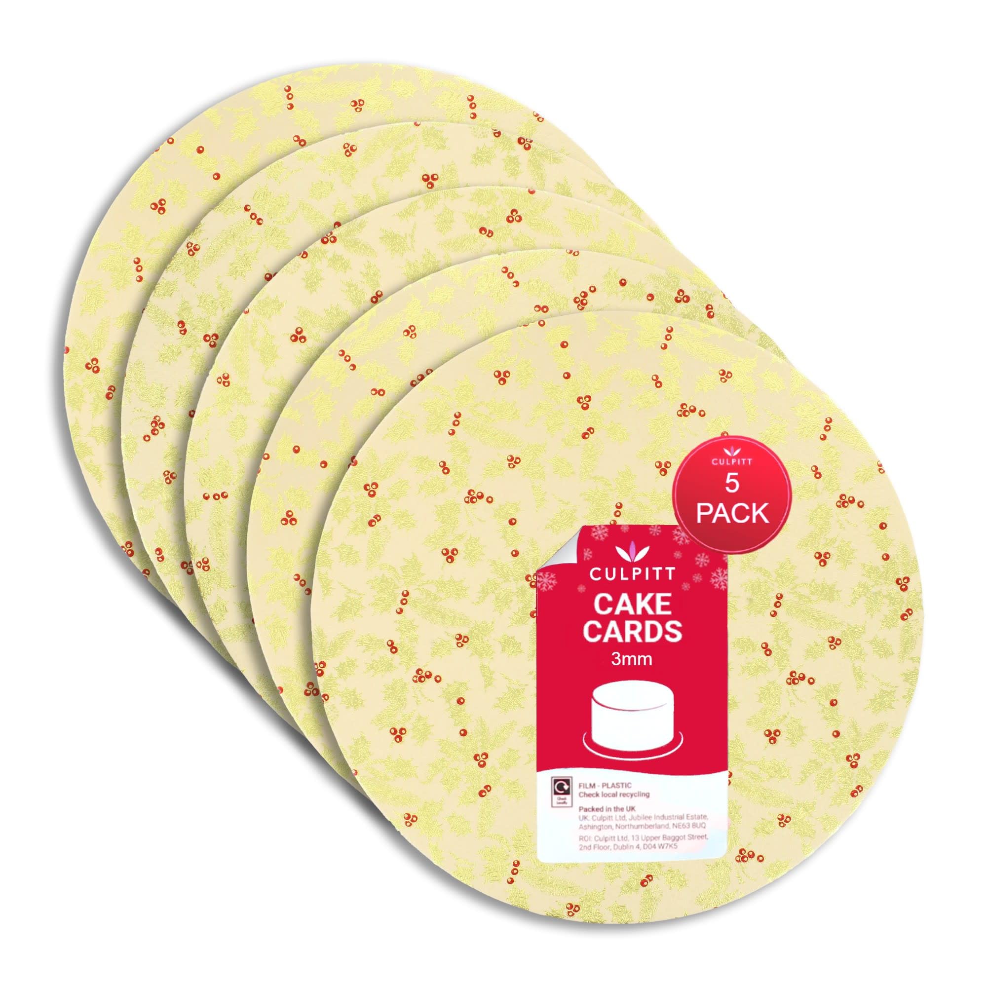Culpitt Red Berry Christmas Cake Boards | 10" Gold & Cake Cards, 3Mm Thick Round Card Plates For Presenting & Displaying Festive Bakes And Desserts - 5 Pack