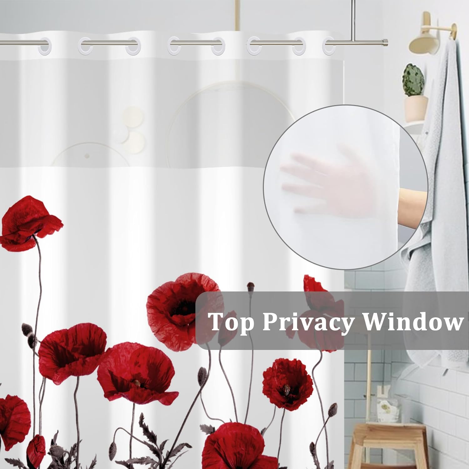 Baocicco Red Poppy Hotel Style Shower Curtain with Snap in Liner Aesthetic Floral Plants Double Layers with See Through Mesh Top Window Modern Fashion No Hook Shower Curtain 71x74 Inch