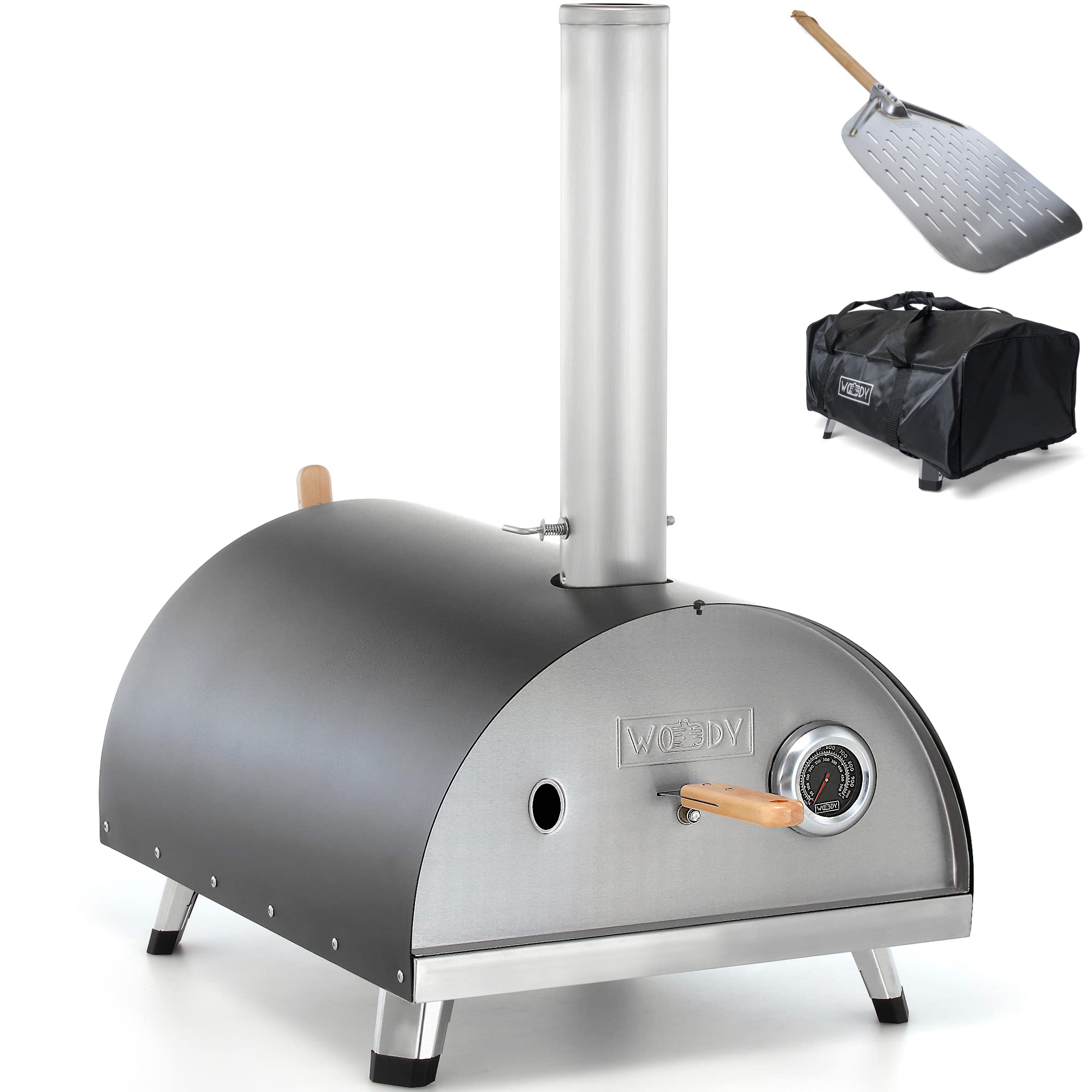 Wood Fired Pizza Oven - Outdoor, Portable, Garden Pizza Oven - Hard Wood/Pellet - Black - Includes Cover and Paddle