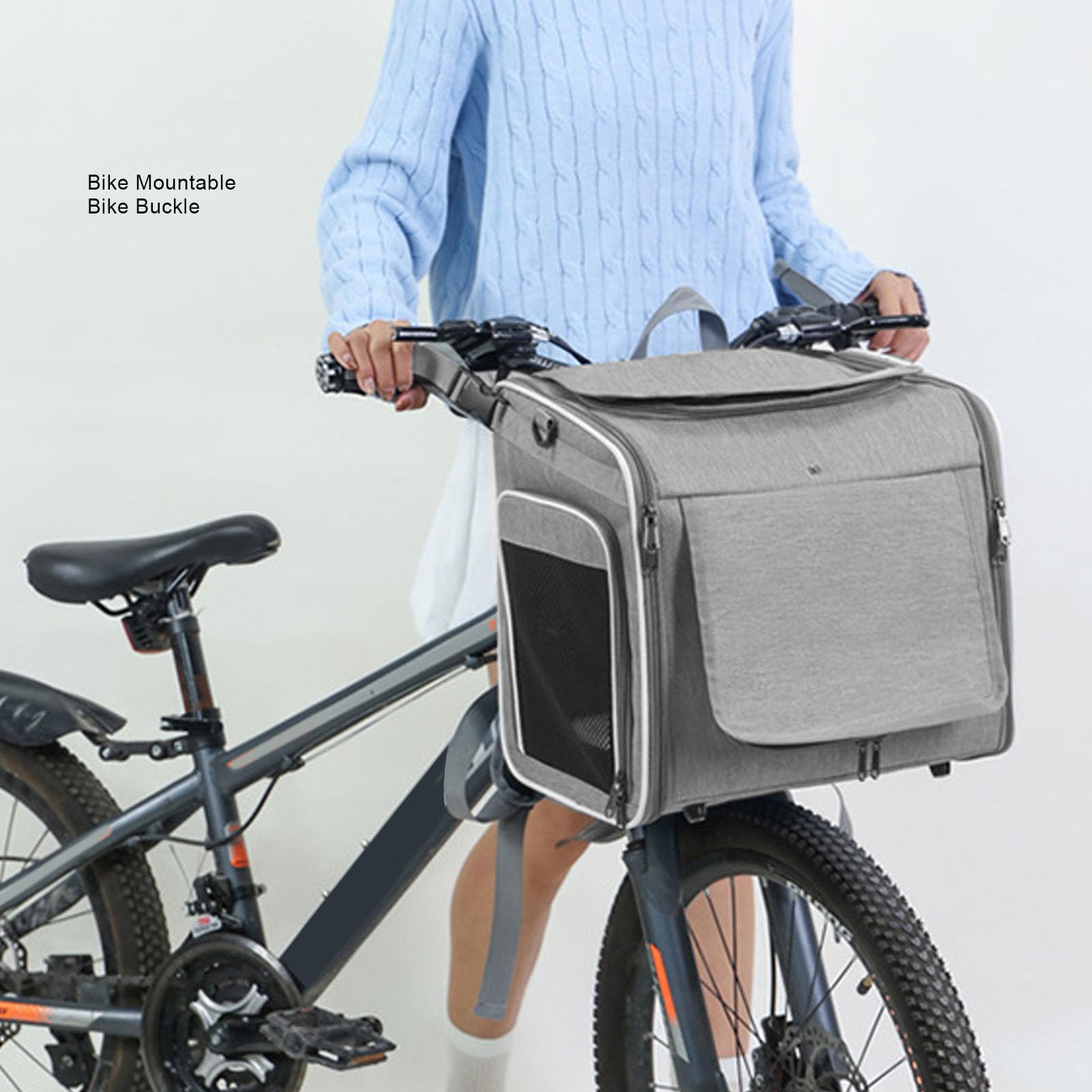 Cestino per Cani da Bici Fino a 8 Kg di Peso 4 Porte, 4 Mesh, Design Morbido Zaino Porta Animali da Bici con Finestre Robusta Struttura in Metallo Tessuto Oxford Resistente (GREY)