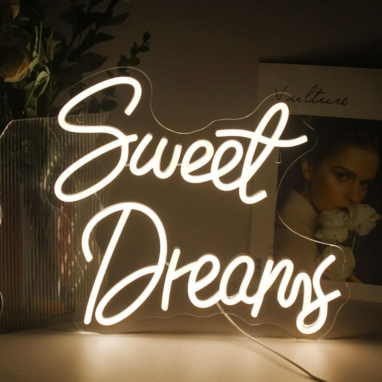 Sweet Dreams LED Neon Sign Warm White Letters Light Up Sign Dimmable for Bedroom Living Room Wall Decor Birthday Valentine Party Decoration