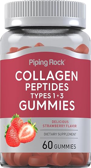 Piping Rock Collagen Gummies 60 Count Collagen Peptides Type 1 and 3 Strawberry Flavor Bovine Supplement Non-GMO Gluten