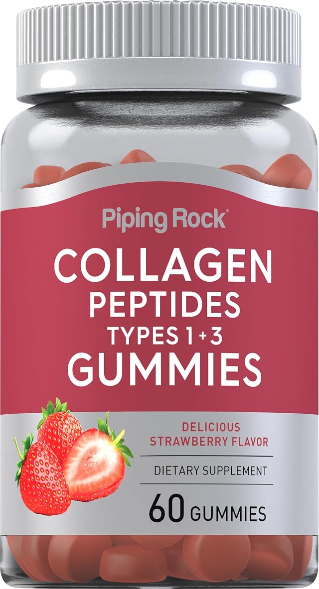 Piping Rock Collagen Gummies 60 Count Collagen Peptides Type 1 and 3 Strawberry Flavor Bovine Supplement Non-GMO Gluten