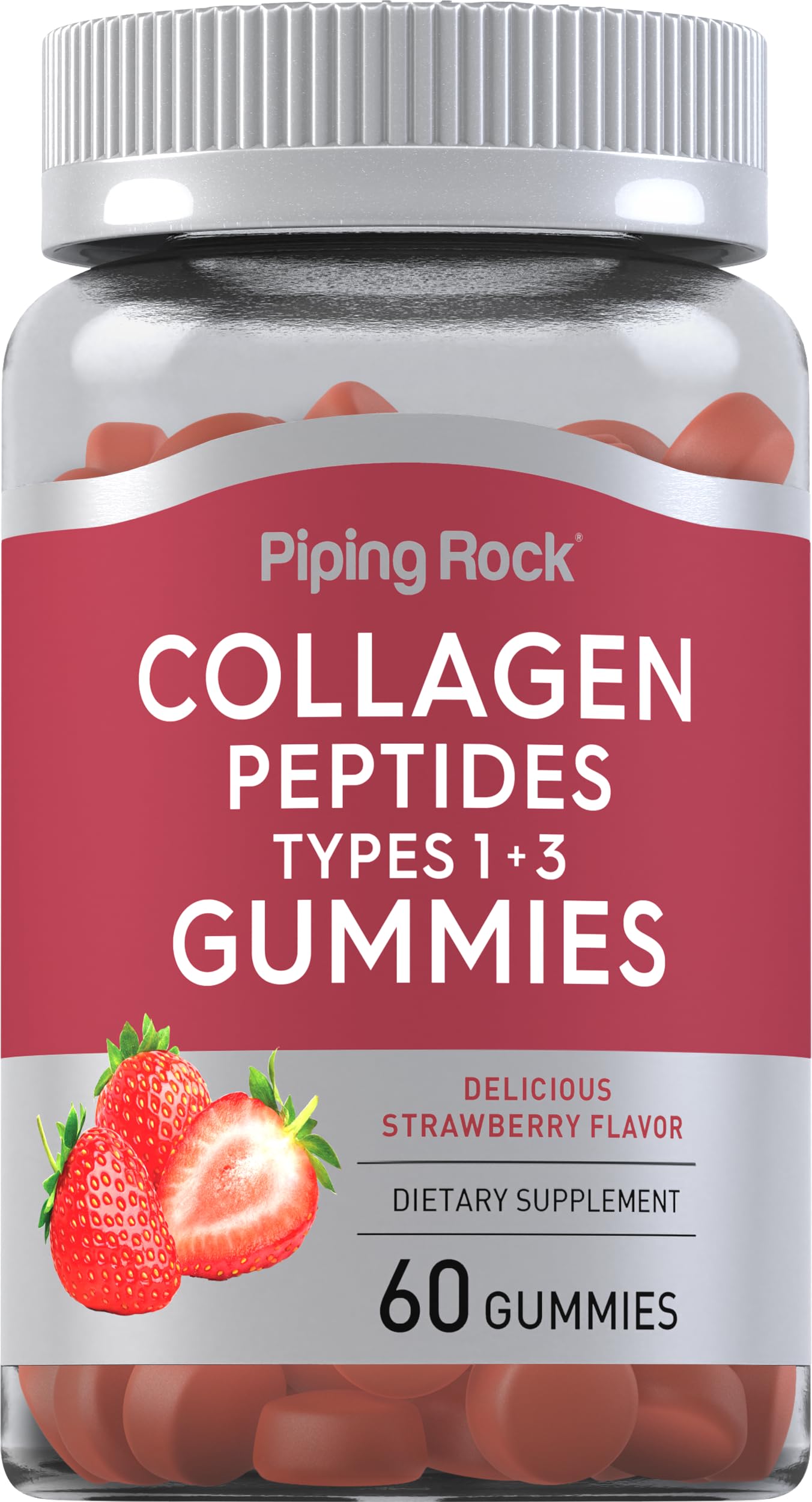 Piping Rock Collagen Gummies 60 Count Collagen Peptides Type 1 and 3 Strawberry Flavor Bovine Supplement Non-GMO Gluten